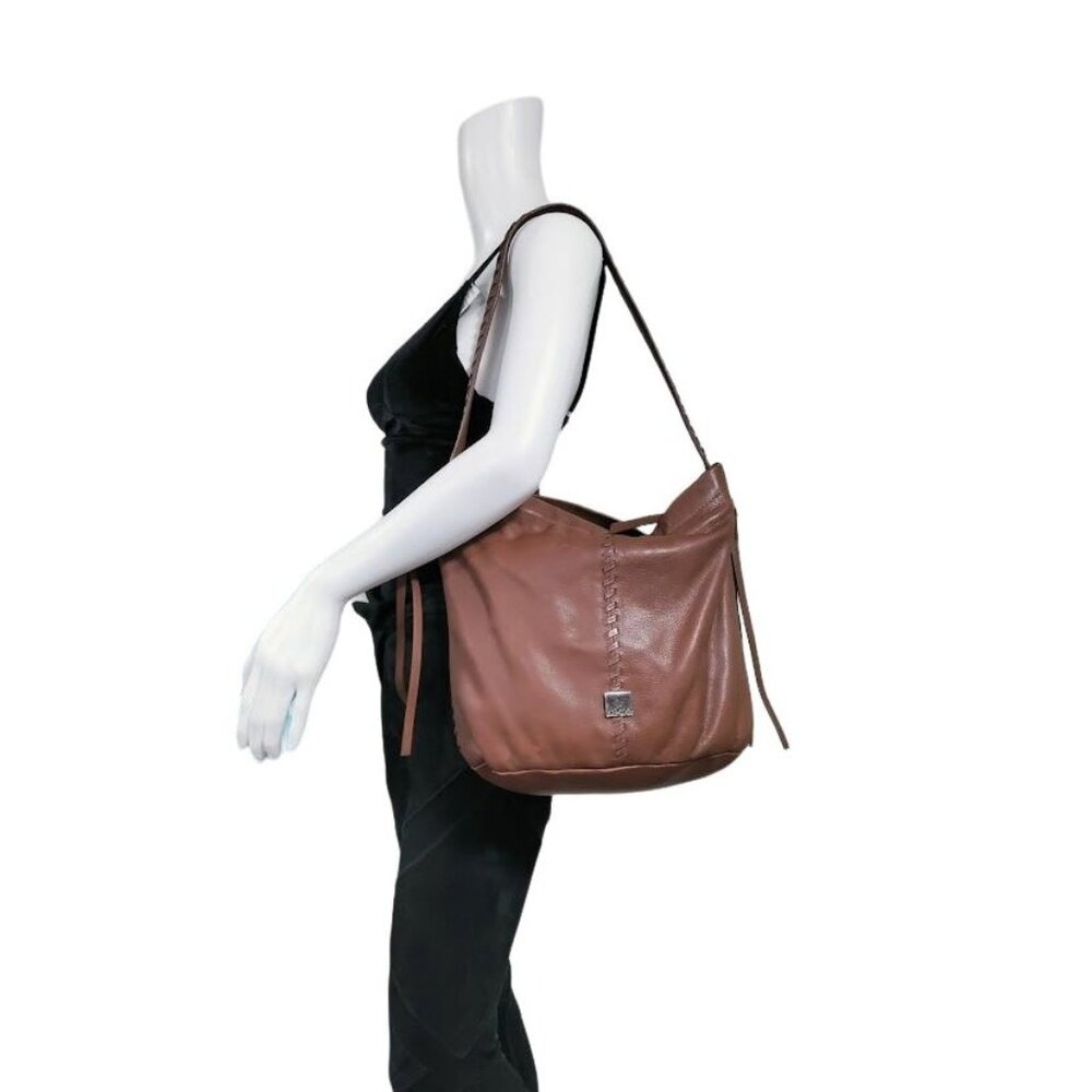 Kooba Limon Leather Woven Braided Accent Plaid Lined Hobo Shoulder Bag Brown - Picture 2 of 13